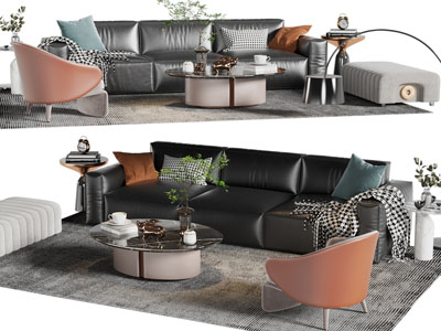 现代皮质多人沙发、沙发凳、茶几组合