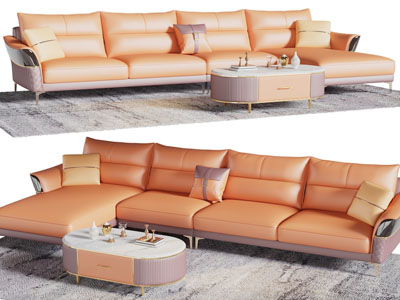 现代皮质多人沙发、茶几组合