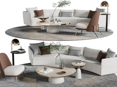 现代弧形多人沙发、休闲椅子和茶几组合