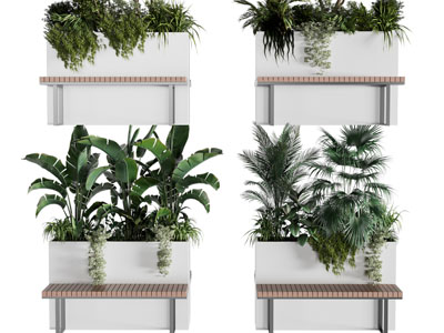 现代户外带凳子的花草盆栽植物