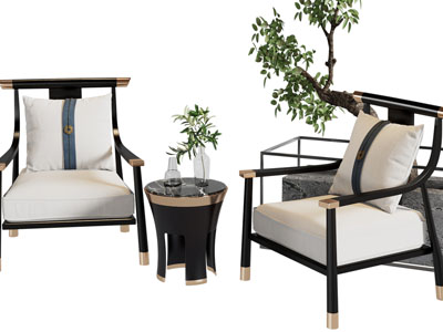 新中式单人沙发、边几3d模型 新中式单人沙发、边几