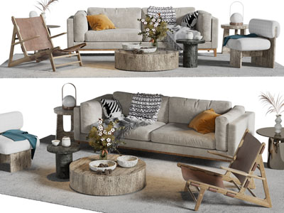 侘寂风双人沙发、休闲椅子和茶几组合