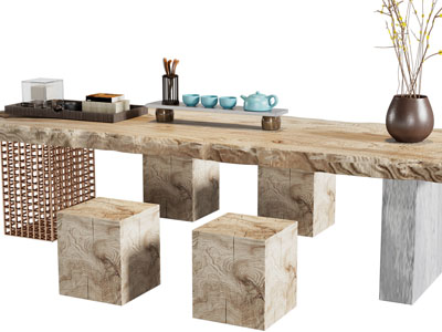 新中式实木茶桌、茶凳组合