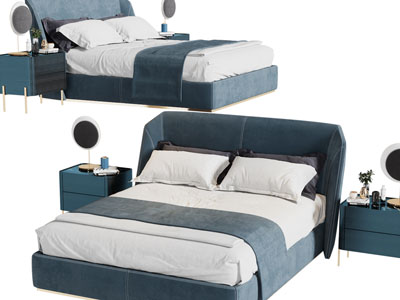 现代轻奢蓝色布艺双人床、床头柜
