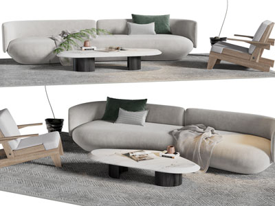 侘寂风双人沙发、休闲椅子和茶几组合