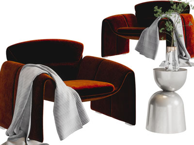 现代红色单人沙发、边几3d模型 现代红色单人沙发、边几