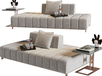 现代布艺多人沙发、边几