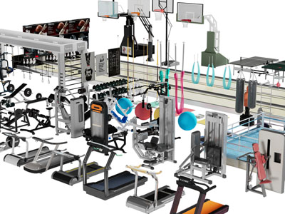 现代跑步机、篮球架、拳击台体育设备3d模型 现代跑步机、篮球架、拳击台体育设备