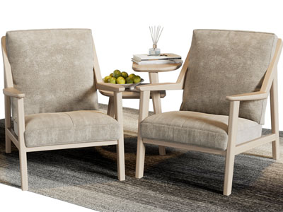 现代实木框单人沙发、边几3d模型 现代实木框单人沙发、边几