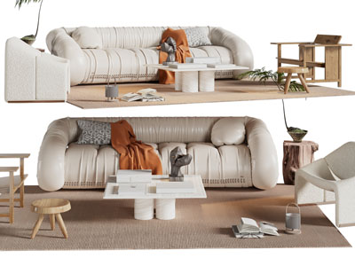 现代多人沙发、休闲椅子和茶几组合