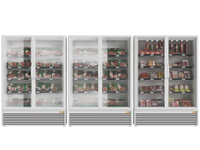 现代超市双开门生鲜产品保鲜冰柜、展柜