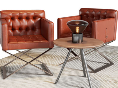 现代枣红色皮质单人沙发、边几3d模型 现代枣红色皮质单人沙发、边几