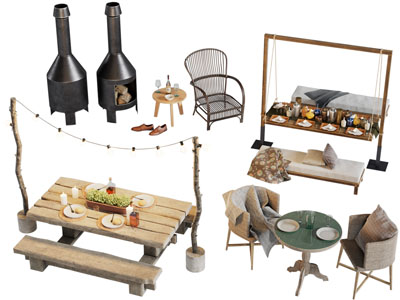 现代户外餐桌椅组合、火炉