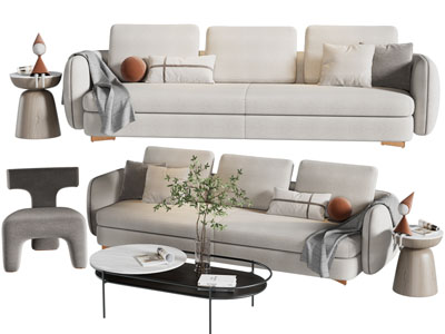 现代布艺多人沙发、茶几组合
