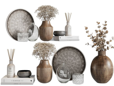 现代实木花瓶花卉、书籍和烛台摆件组合