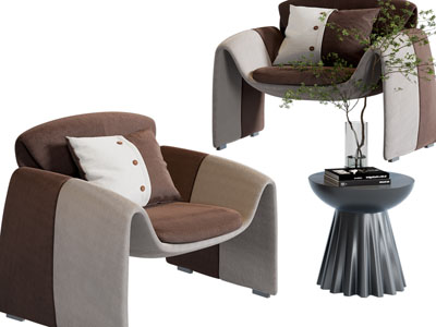 新中式单人沙发、边几3d模型 新中式单人沙发、边几