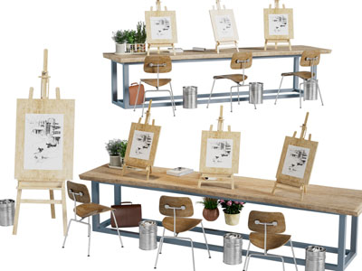 现代长方形实木书桌、画架