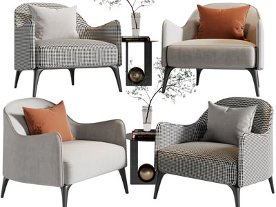 现代方格图案的单人沙发、边几3d模型 现代方格图案的单人沙发、边几