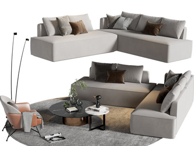 现代拼接转角多人沙发、茶几组合