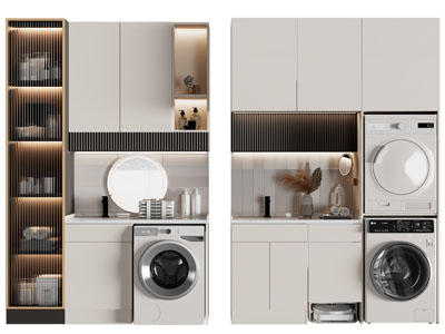 现代带玻璃柜门的洗衣机储物收纳柜