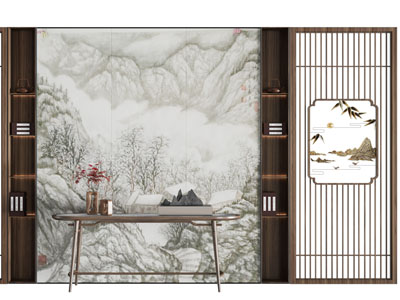 新中式背景墙、端景台3d模型 新中式背景墙、端景台
