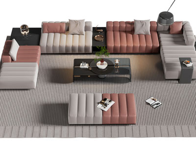 现代转角多人沙发、沙发凳和茶几组合