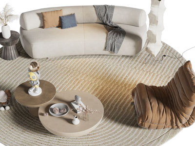 侘寂风双人沙发、懒人沙发和茶几组合