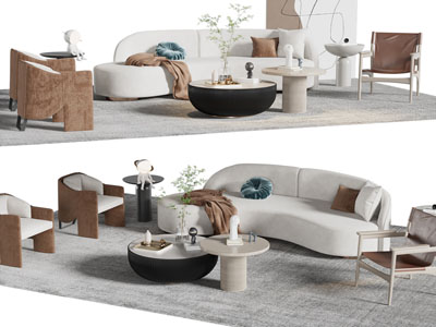 现代弧形多人沙发、休闲椅子和茶几组合