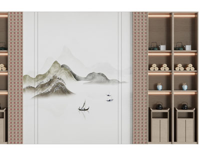 新中式带装饰柜的背景墙3d模型 新中式带装饰柜的背景墙