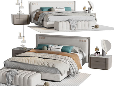 现代双人床、床头柜
