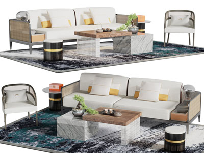 新中式双人沙发、休闲椅和茶几组合