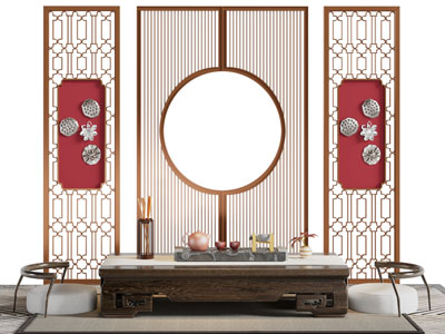 新中式茶桌、坐垫、隔断