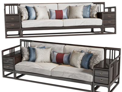 新中式实木边框的双人沙发3d模型 新中式实木边框的双人沙发