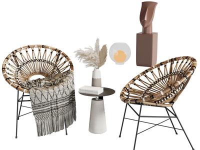 现代藤编休闲椅子、边几