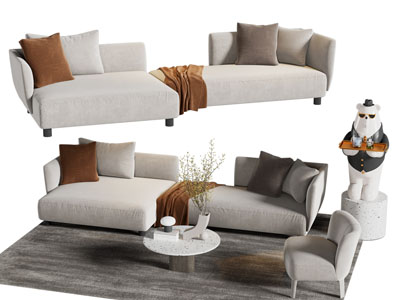 现代转角双人沙发、小熊托盘摆件和茶几组合