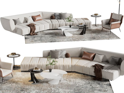 现代弧形多人沙发、休闲椅子和茶几组合