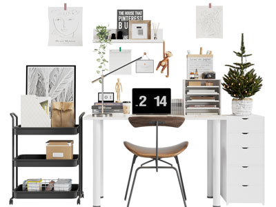 现代书桌椅组合、收纳架