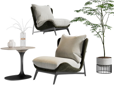 现代单人沙发、边几3d模型 现代单人沙发、边几