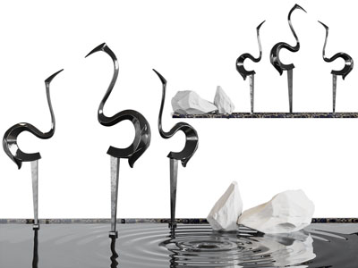 新中式抽象雕塑仙鹤、水池景观园艺小品