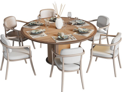 现代圆形实木餐桌椅组合