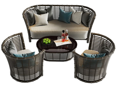 现代藤编多人、单人沙发和茶几组合