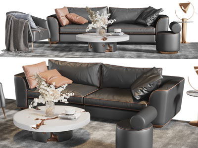 现代黑色双人沙发、单人沙发和茶几组合