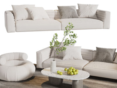 现代白色布艺双人沙发、懒人沙发和茶几组合