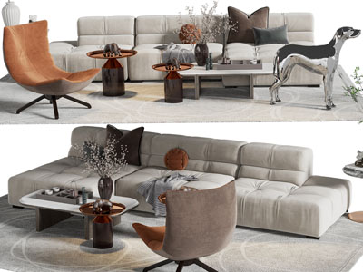 现代布艺转角多人沙发、休闲椅子和茶几组合