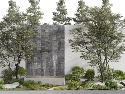 新中式水景瀑布、花草树木景观园艺小品