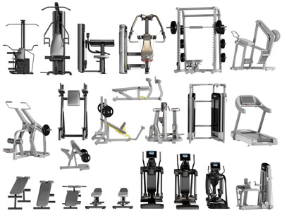 现代跑步机、举重器、体育健身器材