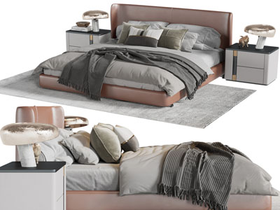 现代皮质双人床、床头柜