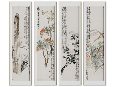 新中式四联花卉装饰挂画