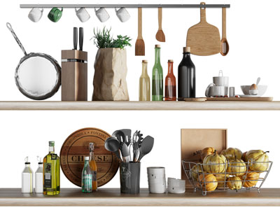 现代隔板上的调料瓶、刀铲厨具