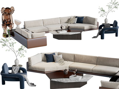 现代布艺转角多人沙发、休闲椅子和茶几组合